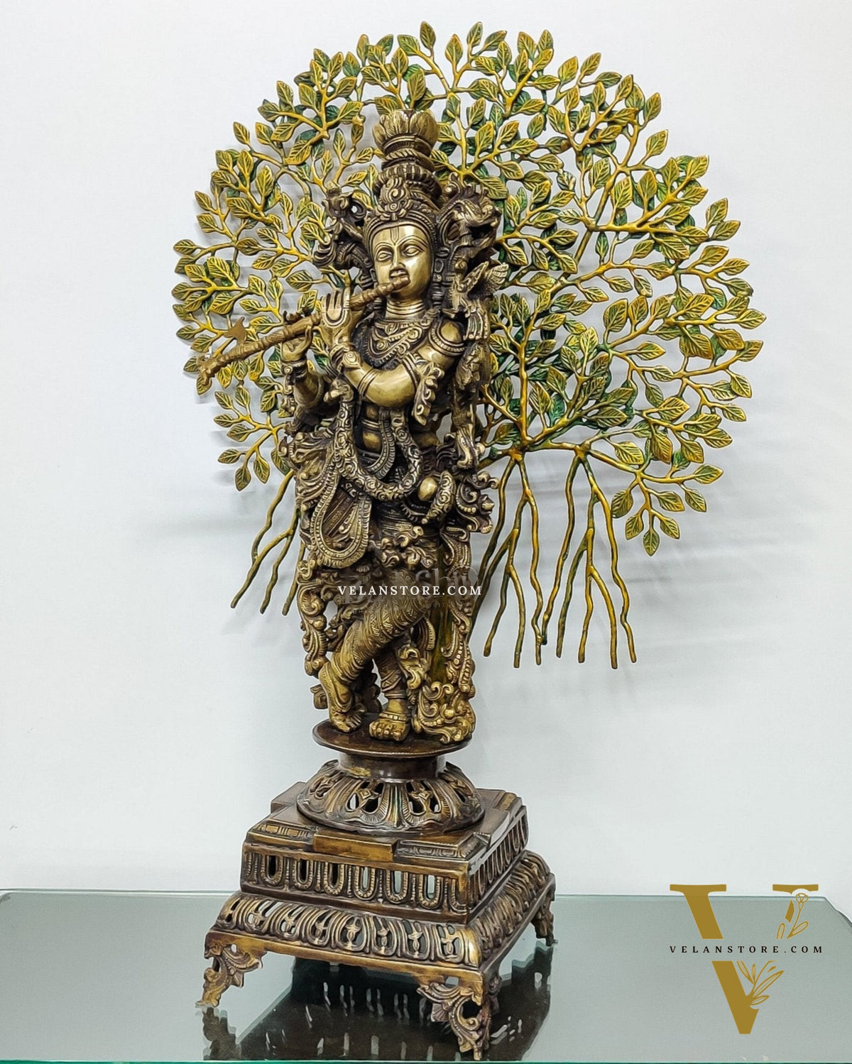 Krishna Muralidhari Brass Idol with Kalpavriksha - 35" Antique Finish