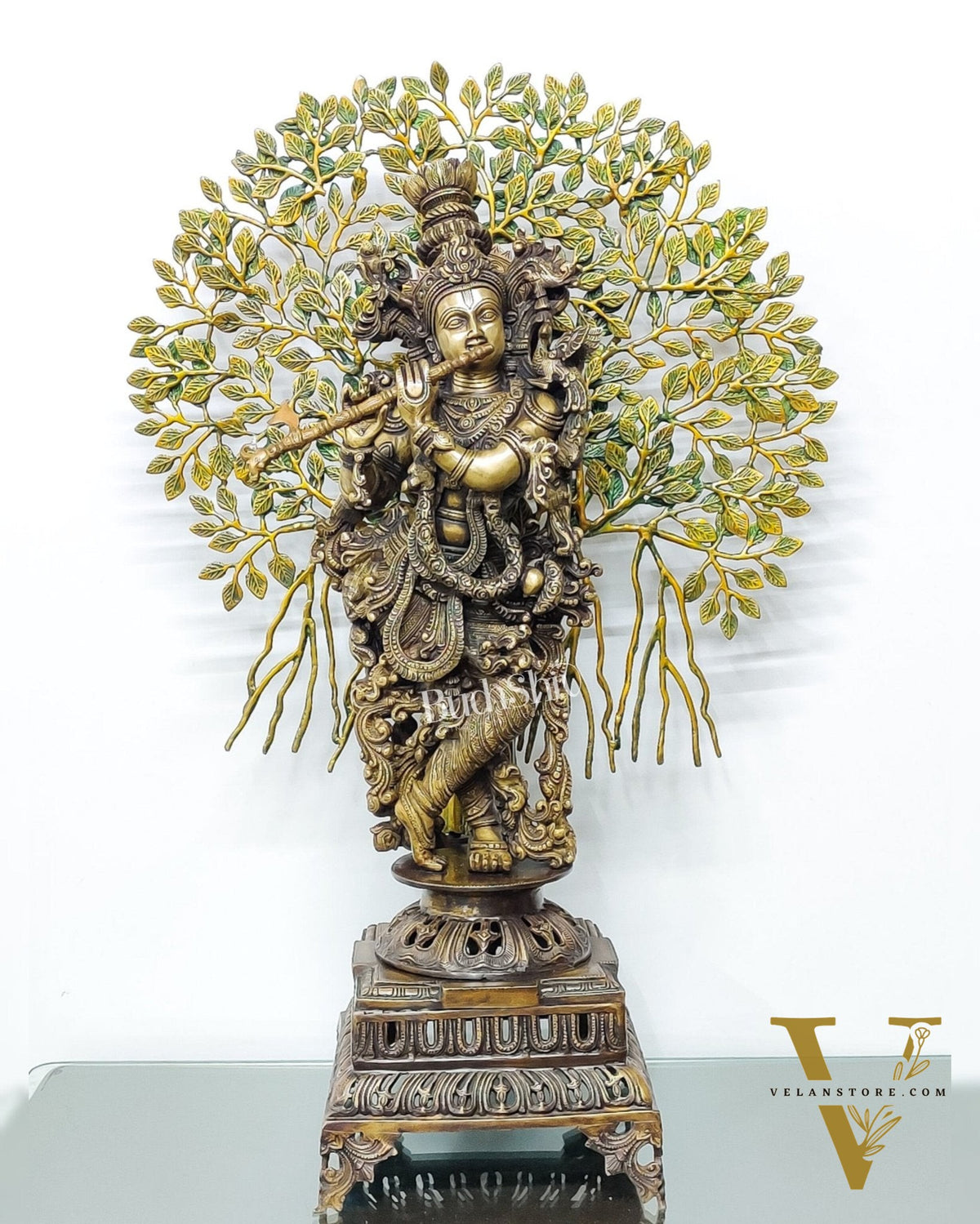 Krishna Muralidhari Brass Idol with Kalpavriksha - 35" Antique Finish