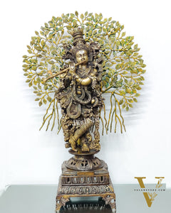 Krishna Muralidhari Brass Idol with Kalpavriksha - 35" Antique Finish