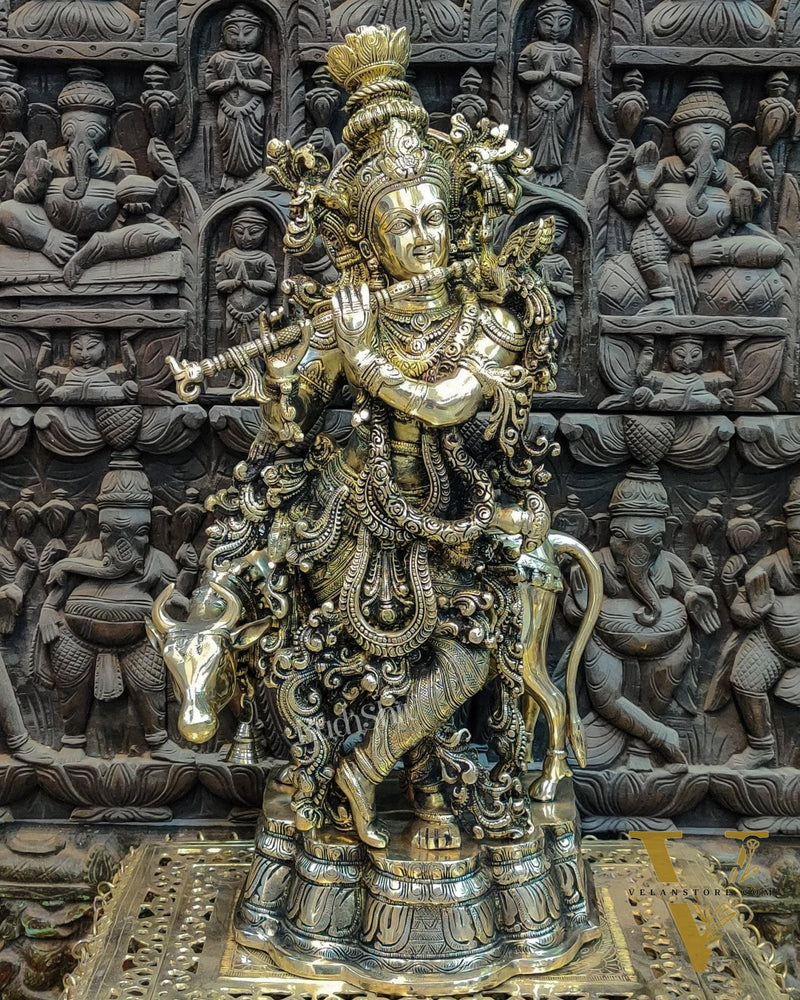 Krishna Playing the Flute with Cow 26"