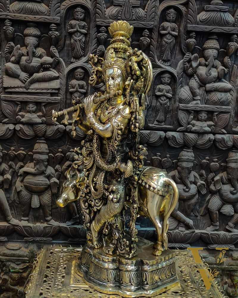 Krishna Playing the Flute with Cow 26"