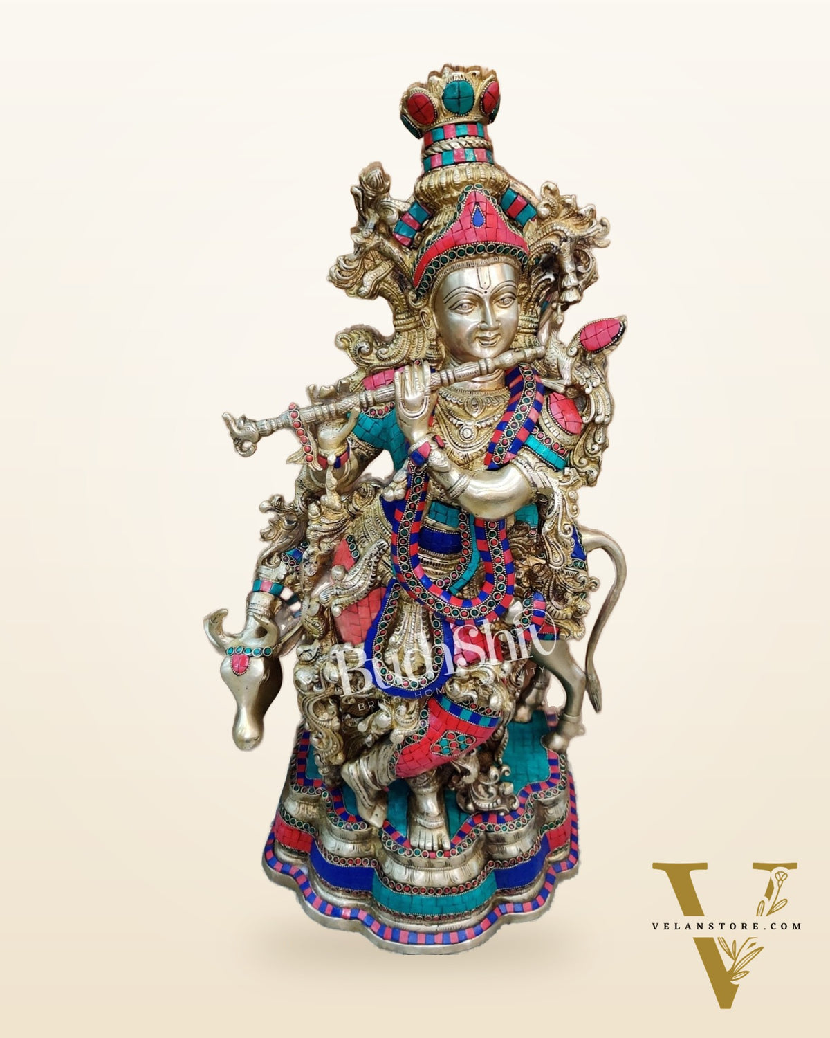 Krishna Playing the Flute with Cow 27 inches Brass idol