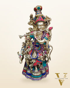 Krishna Playing the Flute with Cow 27 inches Brass idol
