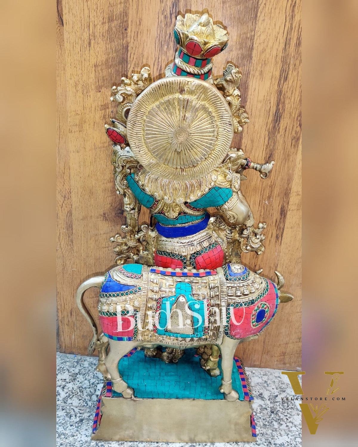 Krishna Playing the Flute with Cow 27 inches Brass idol