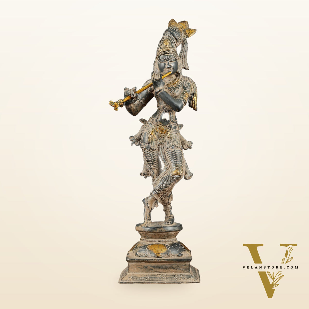 Krishna Pure Brass Statue with Sand Patina Finish – 14 Inches