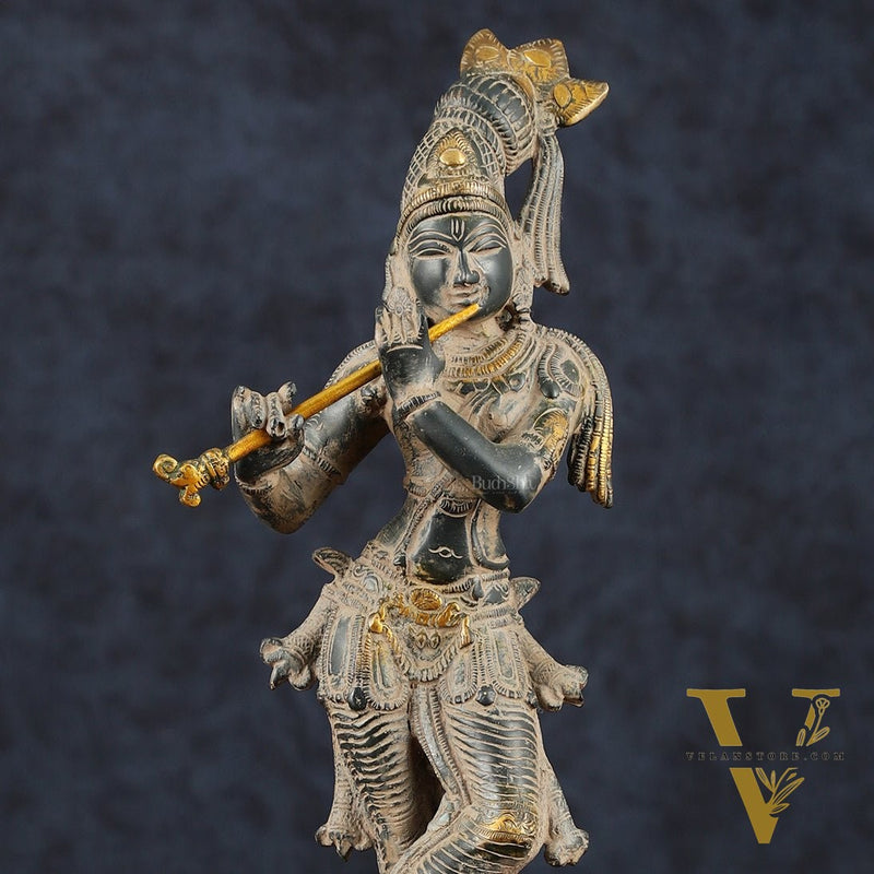Krishna Pure Brass Statue with Sand Patina Finish – 14 Inches