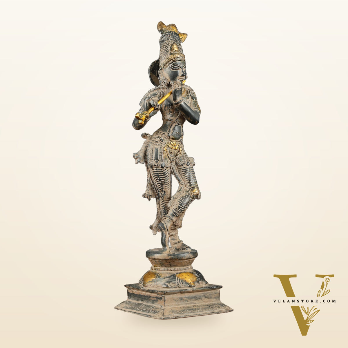 Krishna Pure Brass Statue with Sand Patina Finish – 14 Inches
