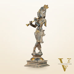Krishna Pure Brass Statue with Sand Patina Finish – 14 Inches
