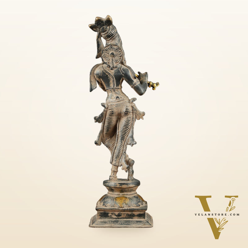 Krishna Pure Brass Statue with Sand Patina Finish – 14 Inches