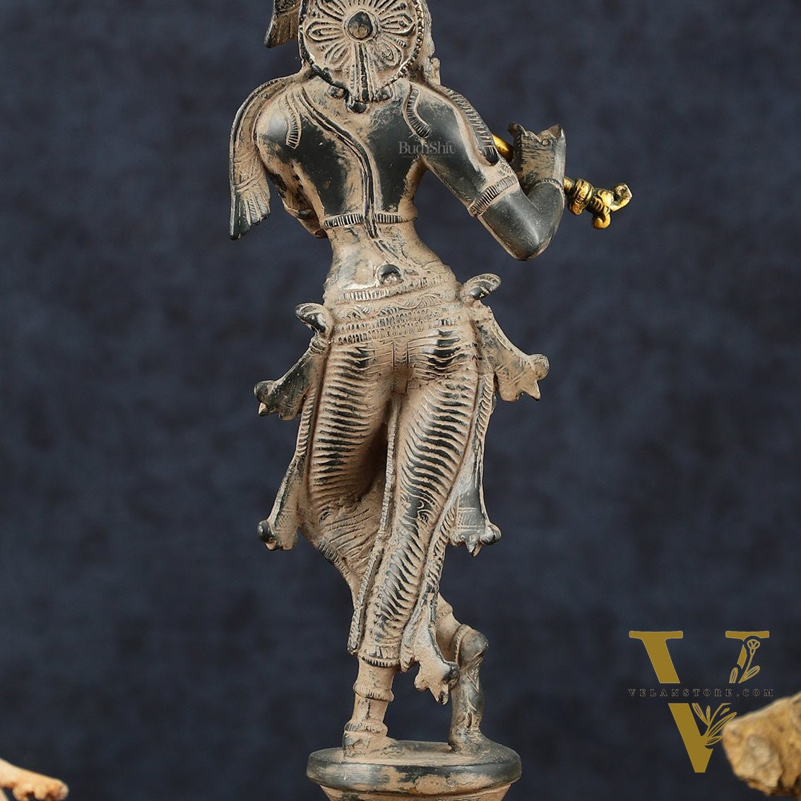 Krishna Pure Brass Statue with Sand Patina Finish – 14 Inches