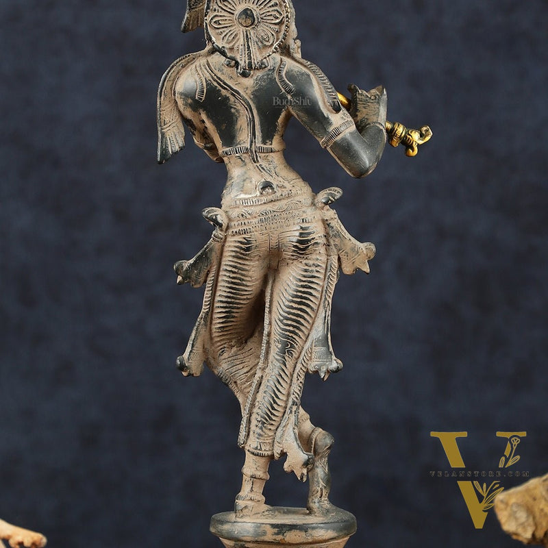 Krishna Pure Brass Statue with Sand Patina Finish – 14 Inches