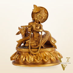 Krishna seated with a cow brass idol 8.5 inch