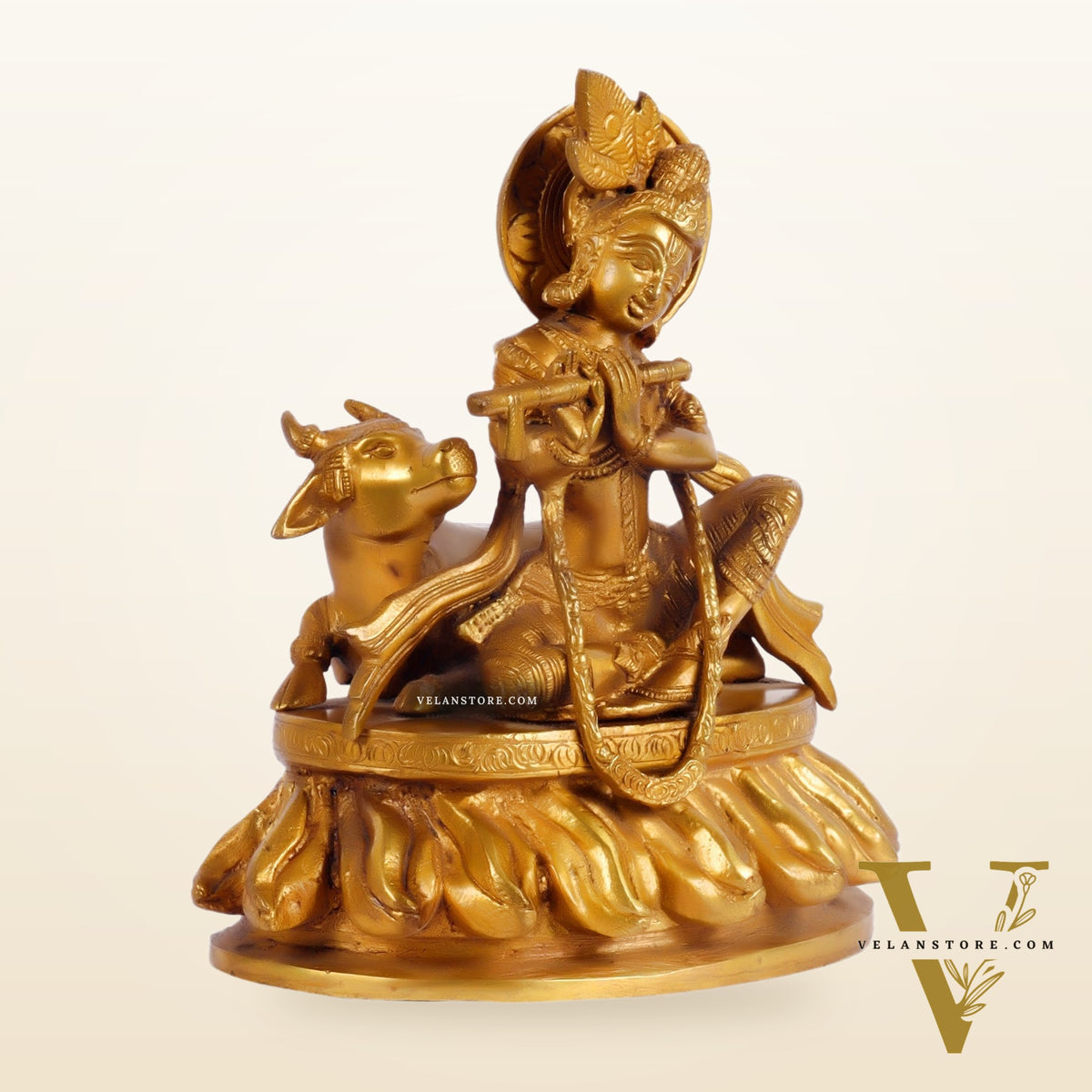 Krishna seated with a cow brass idol 8.5 inch