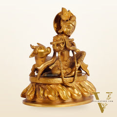 Krishna seated with a cow brass idol 8.5 inch