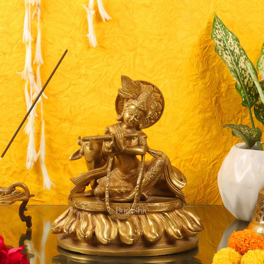 Krishna seated with a cow brass idol 8.5 inch
