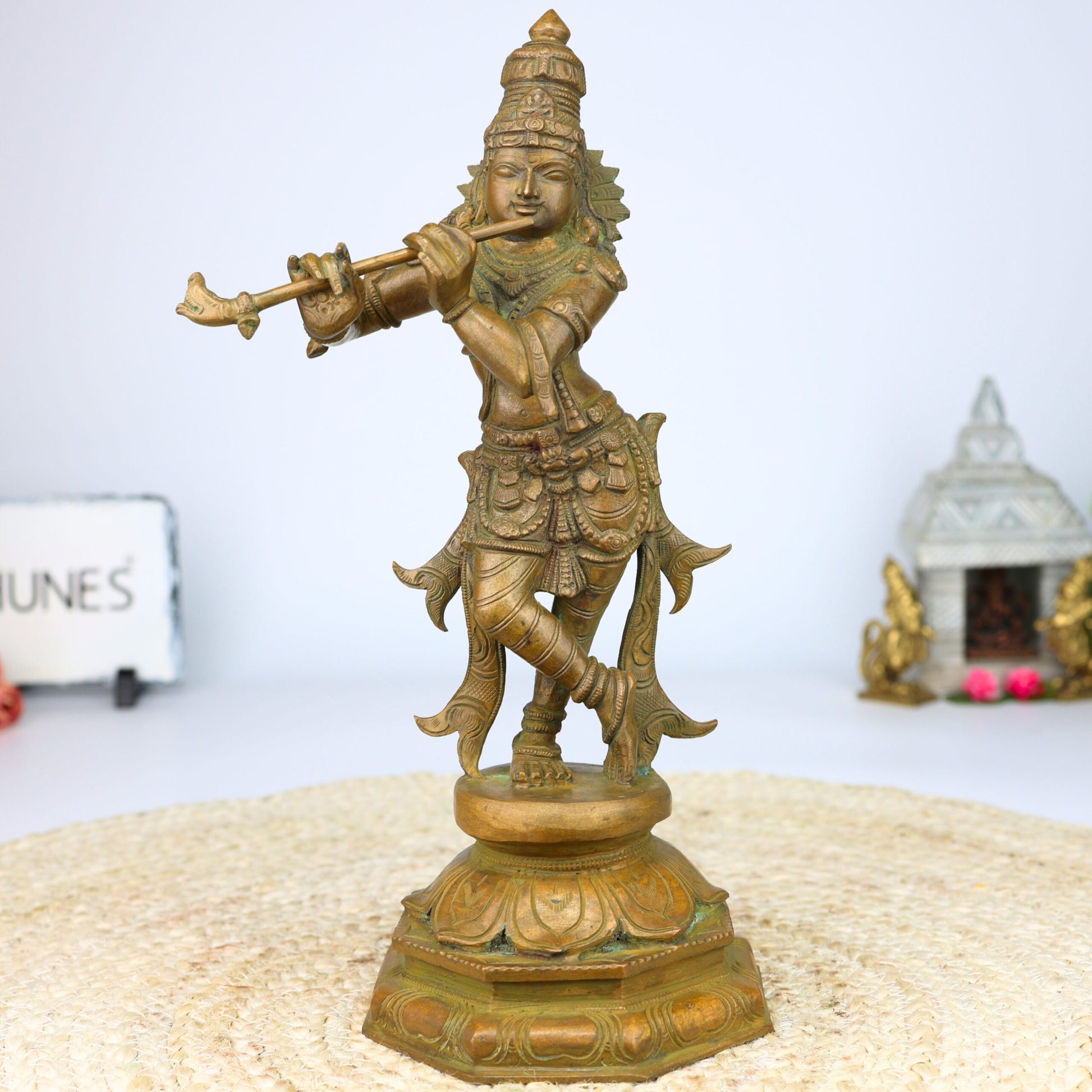 Bronze Lord Krishna Idol - Panchadhatu Sri Krishna Gopal Murti for Pooja & Home Decor, Brown, 13 Inch, 1 Piece