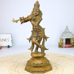 Bronze Lord Krishna Idol - Panchadhatu Sri Krishna Gopal Murti for Pooja & Home Decor, Brown, 13 Inch, 1 Piece