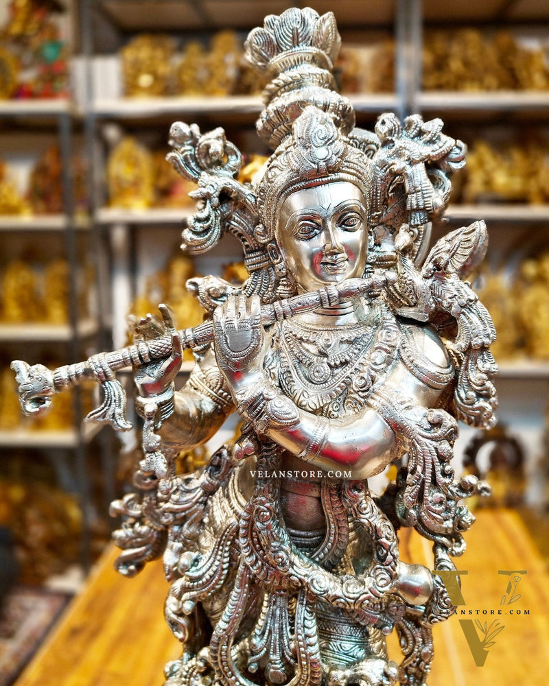 Krishna Statue - Superfine Brass - Silver plating 29 inch