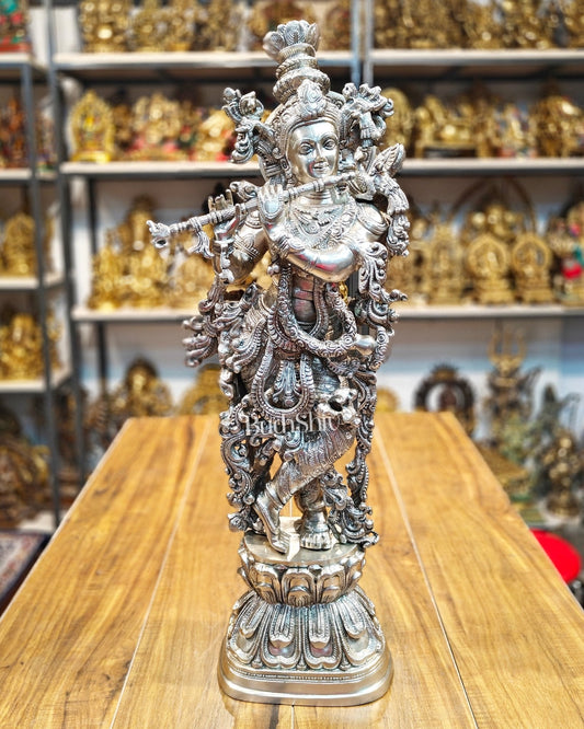 Krishna Statue - Superfine Brass - Silver plating 29 inch