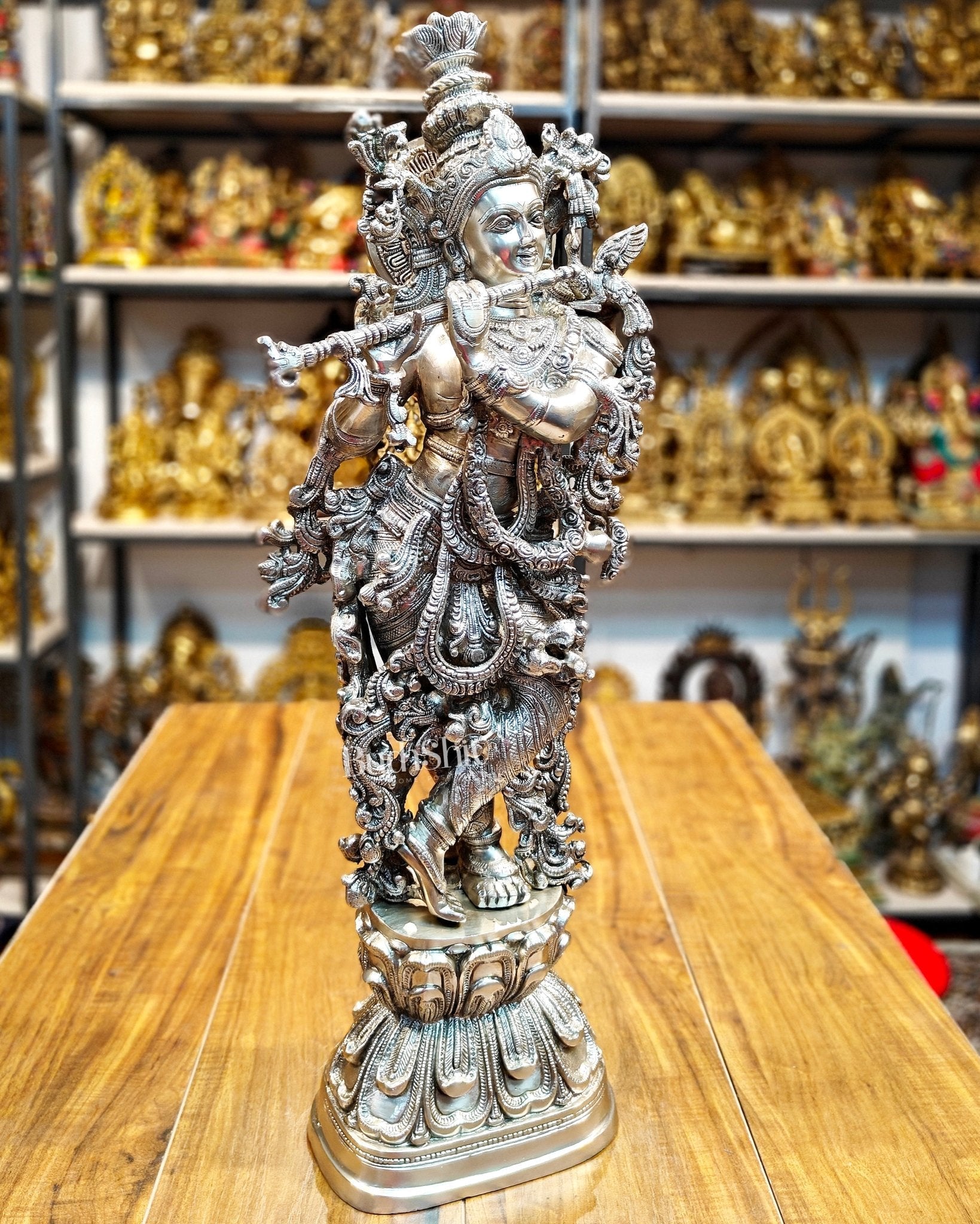 Krishna Statue - Superfine Brass - Silver plating 29 inch