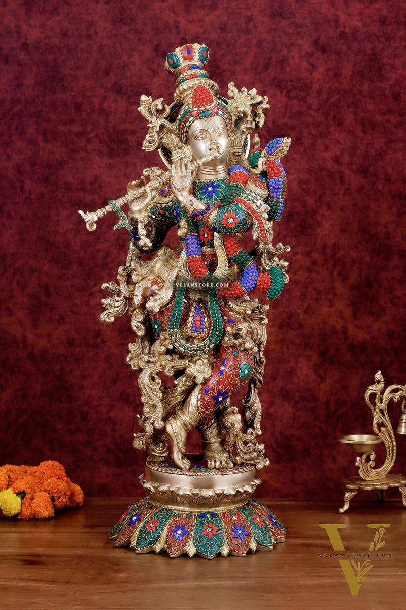 Krishna Statue with Lotus Base brass idol | 27 Inch meenakari