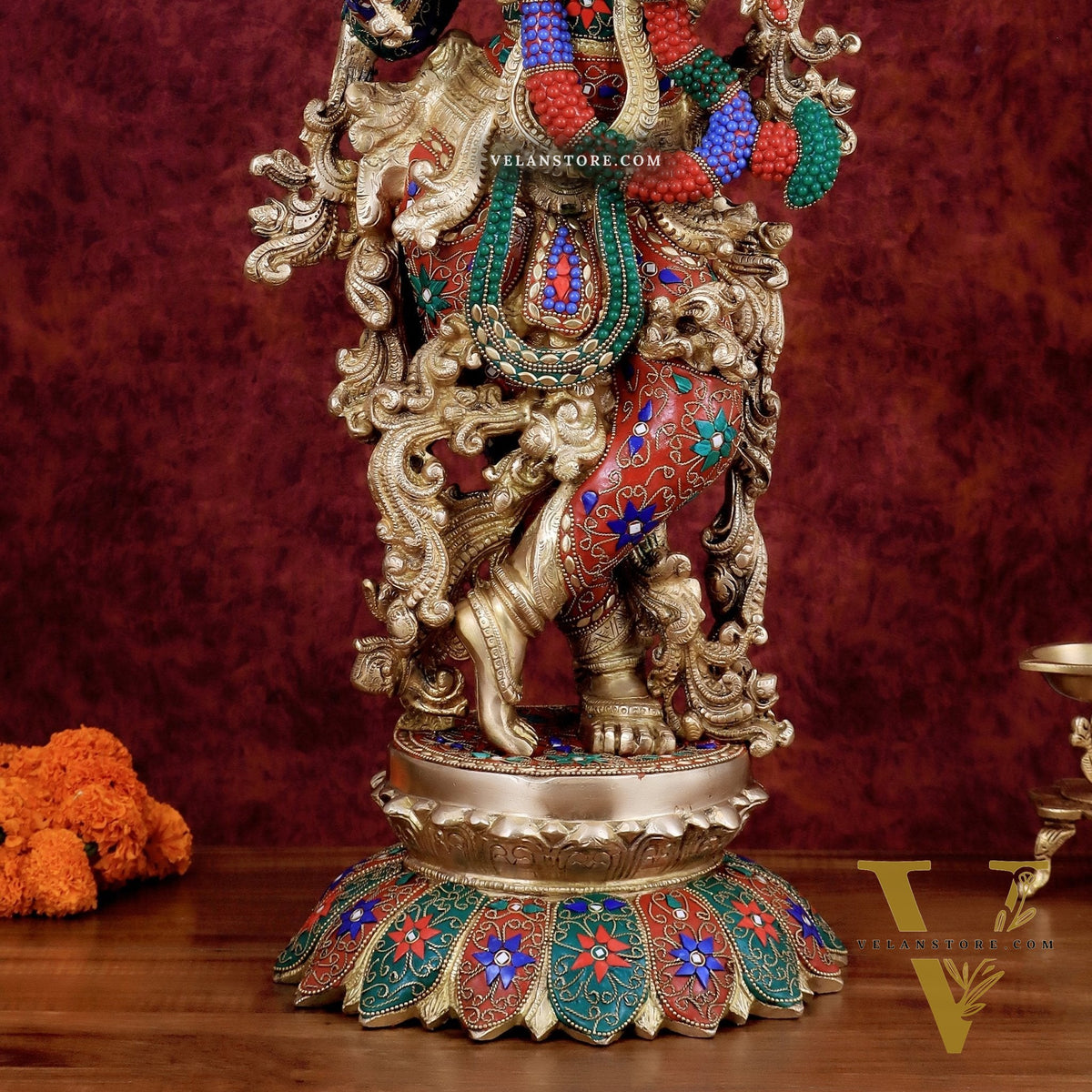 Krishna Statue with Lotus Base brass idol | 27 Inch meenakari