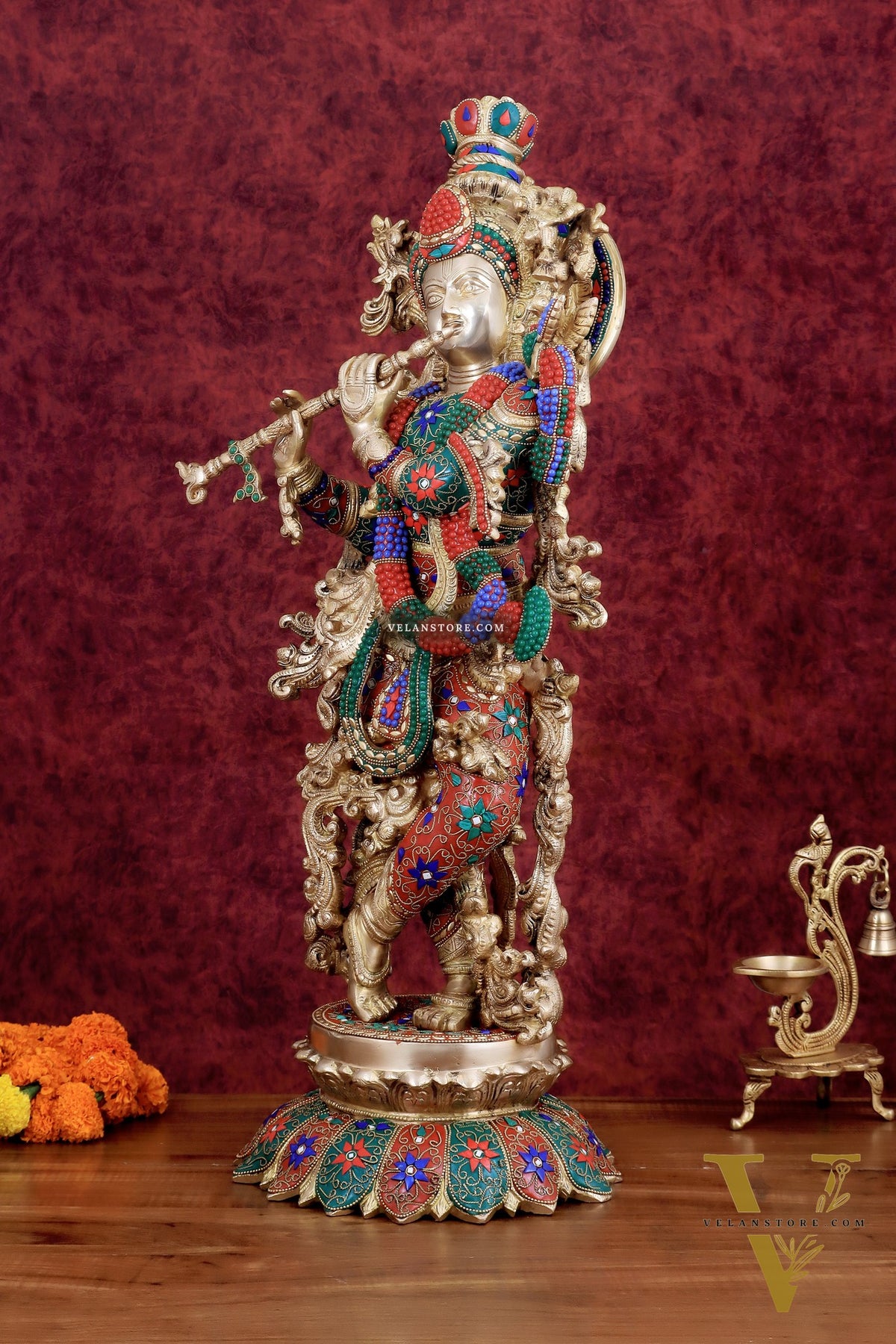 Krishna Statue with Lotus Base brass idol | 27 Inch meenakari