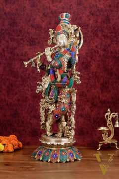 Krishna Statue with Lotus Base brass idol | 27 Inch meenakari