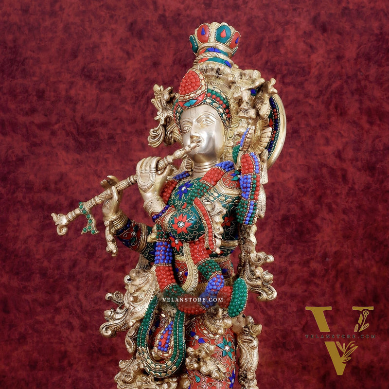 Krishna Statue with Lotus Base brass idol | 27 Inch meenakari