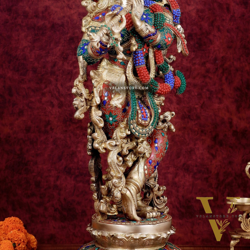 Krishna Statue with Lotus Base brass idol | 27 Inch meenakari