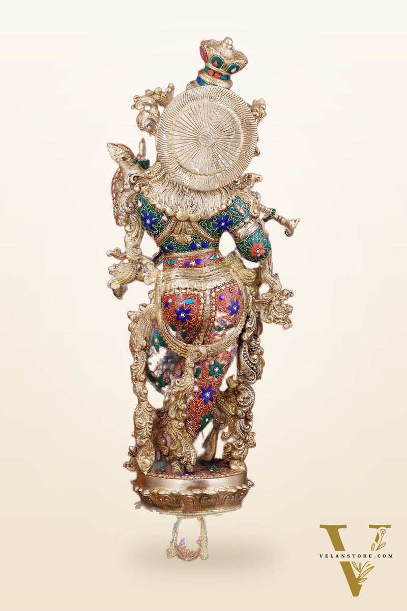 Krishna Statue with Lotus Base brass idol | 27 Inch meenakari