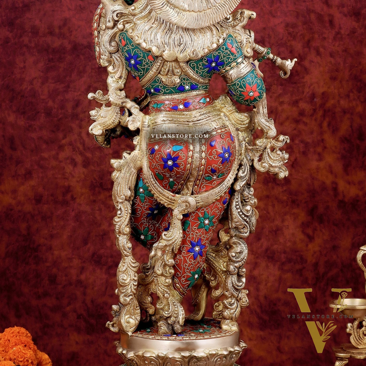 Krishna Statue with Lotus Base brass idol | 27 Inch meenakari