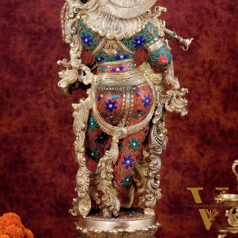 Krishna Statue with Lotus Base brass idol | 27 Inch meenakari