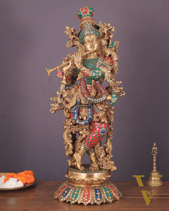 Krishna Statue with Lotus Base brass idol | 27 Inch | meenakari