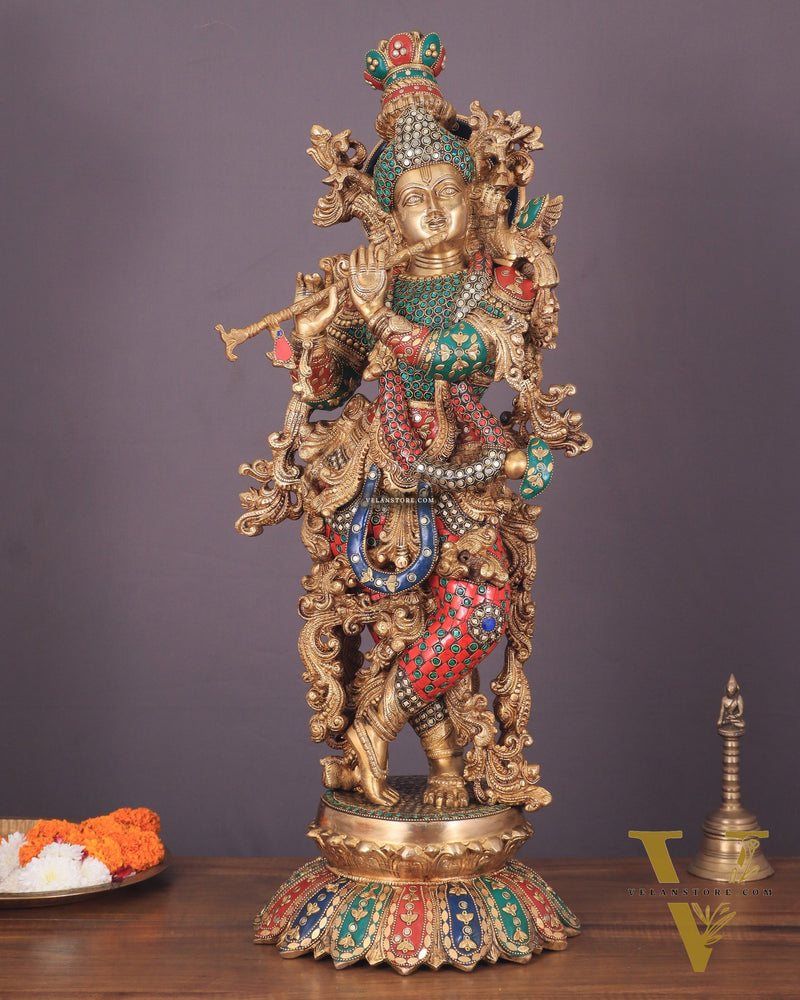 Krishna Statue with Lotus Base brass idol | 27 Inch | meenakari