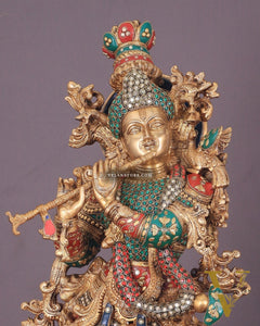 Krishna Statue with Lotus Base brass idol | 27 Inch | meenakari
