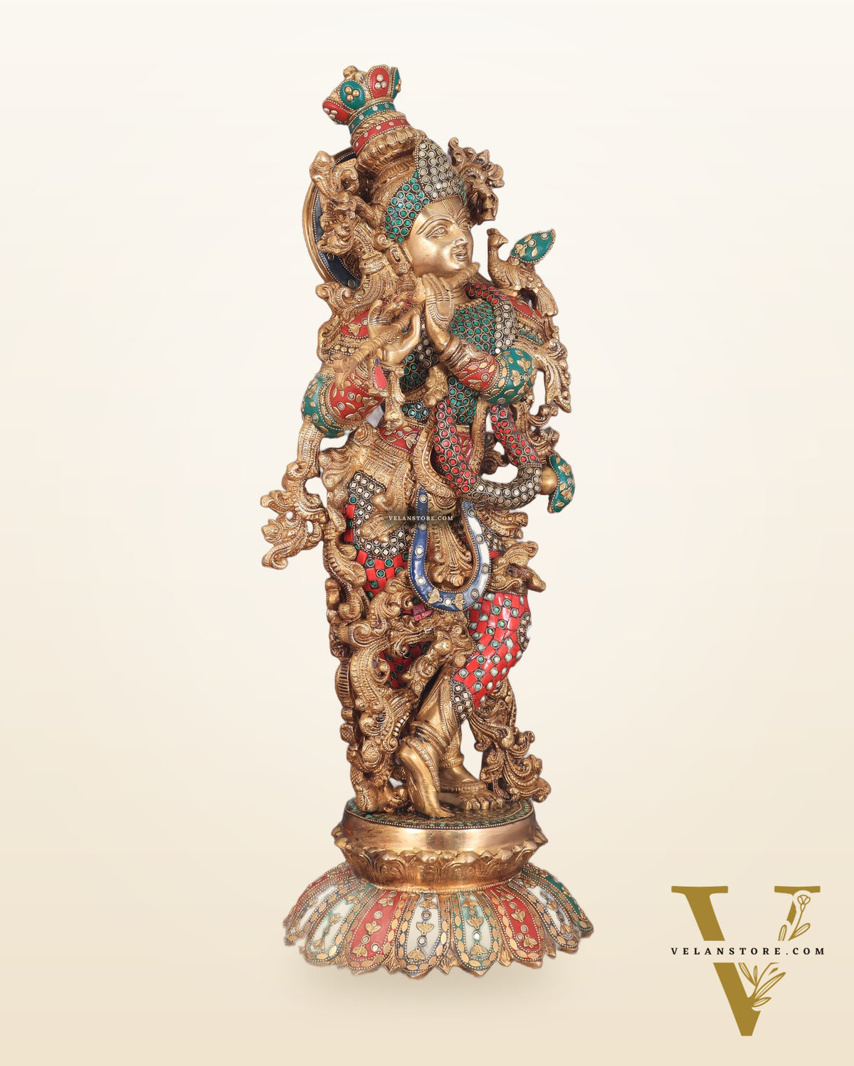 Krishna Statue with Lotus Base brass idol | 27 Inch | meenakari