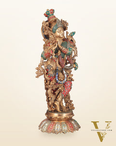 Krishna Statue with Lotus Base brass idol | 27 Inch | meenakari