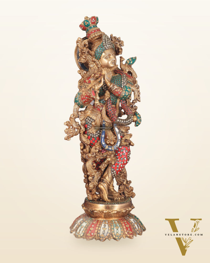 Krishna Statue with Lotus Base brass idol | 27 Inch | meenakari