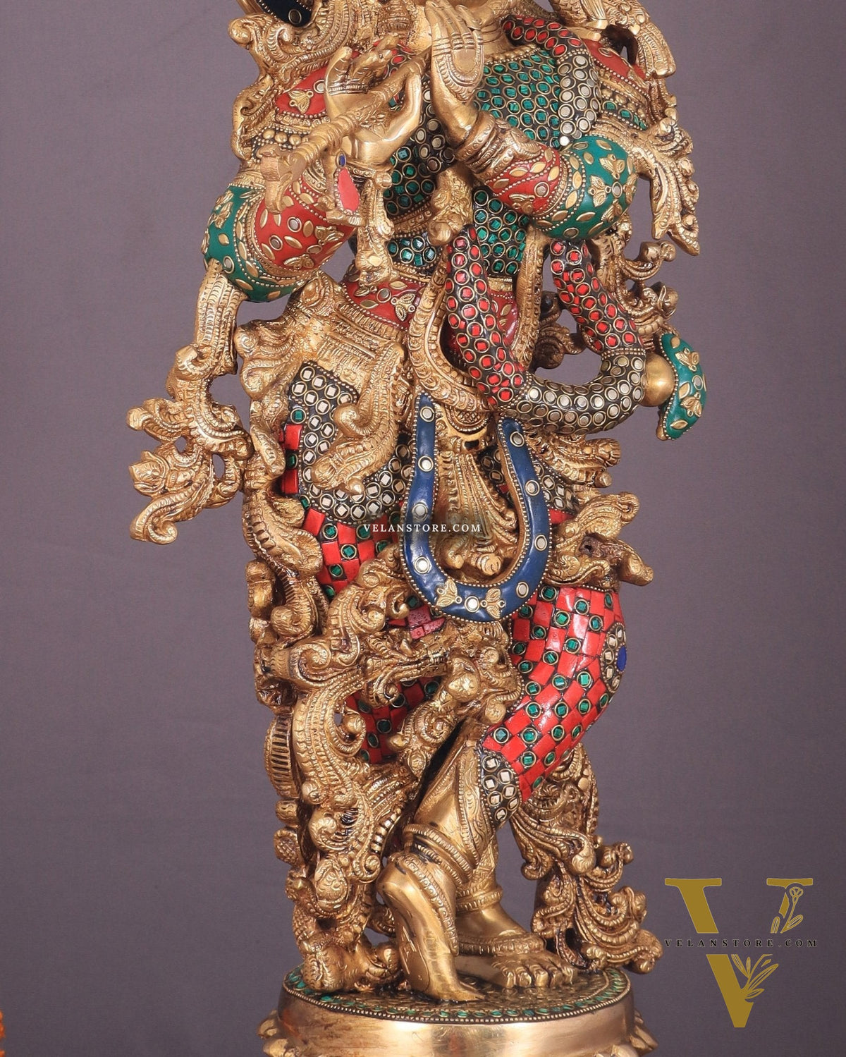 Krishna Statue with Lotus Base brass idol | 27 Inch | meenakari