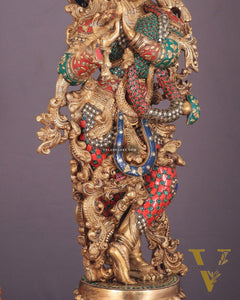 Krishna Statue with Lotus Base brass idol | 27 Inch | meenakari