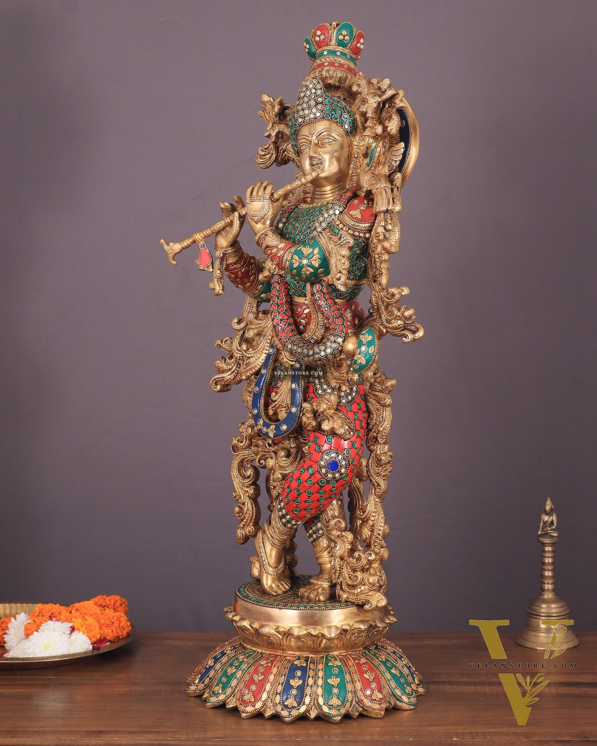 Krishna Statue with Lotus Base brass idol | 27 Inch | meenakari