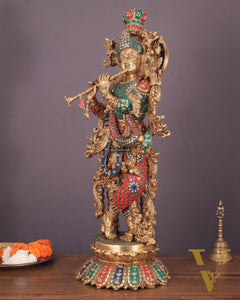 Krishna Statue with Lotus Base brass idol | 27 Inch | meenakari