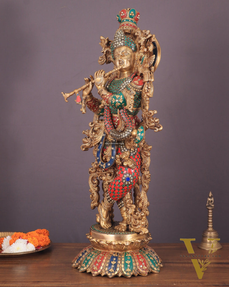 Krishna Statue with Lotus Base brass idol | 27 Inch | meenakari