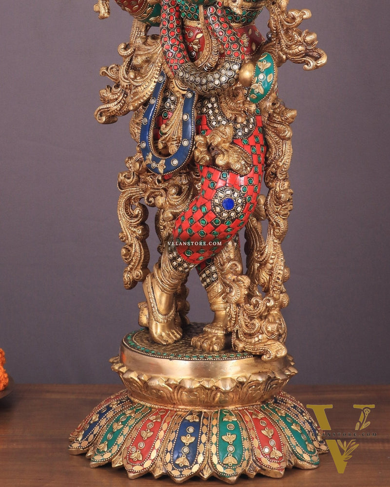 Krishna Statue with Lotus Base brass idol | 27 Inch | meenakari