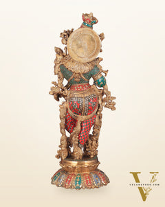 Krishna Statue with Lotus Base brass idol | 27 Inch | meenakari