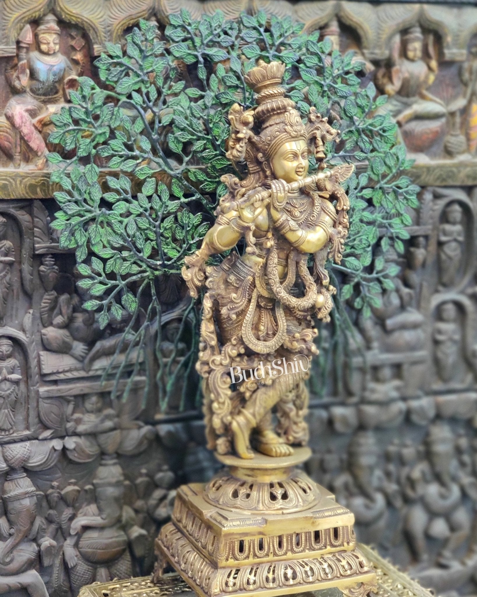 Krishna Superfine Brass Idol 36 inches With Kalpavriksha
