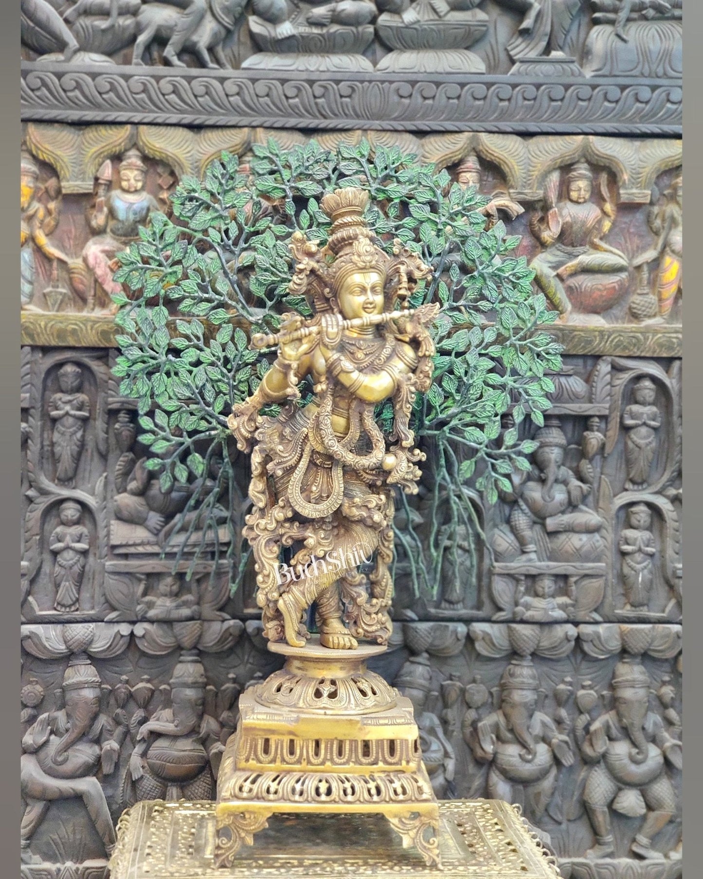 Krishna Superfine Brass Idol 36 inches With Kalpavriksha