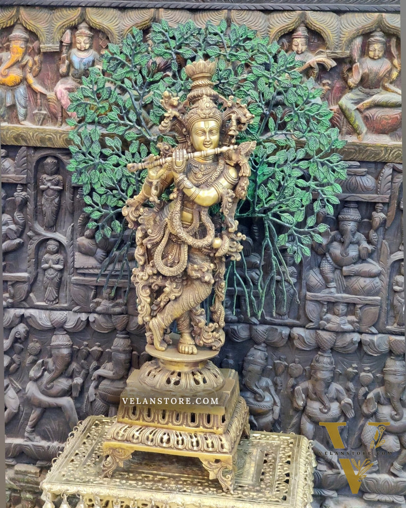 Krishna Superfine Brass Idol 36 inches With Kalpavriksha