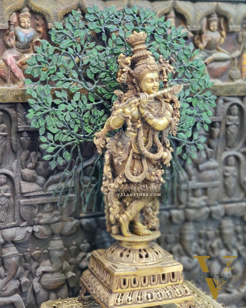 Krishna Superfine Brass Idol 36 inches With Kalpavriksha